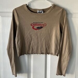 Cotton-On Cropped Long‎ Sleeve Shirt Ford Mustang Print Tan Women M Y2K Retro